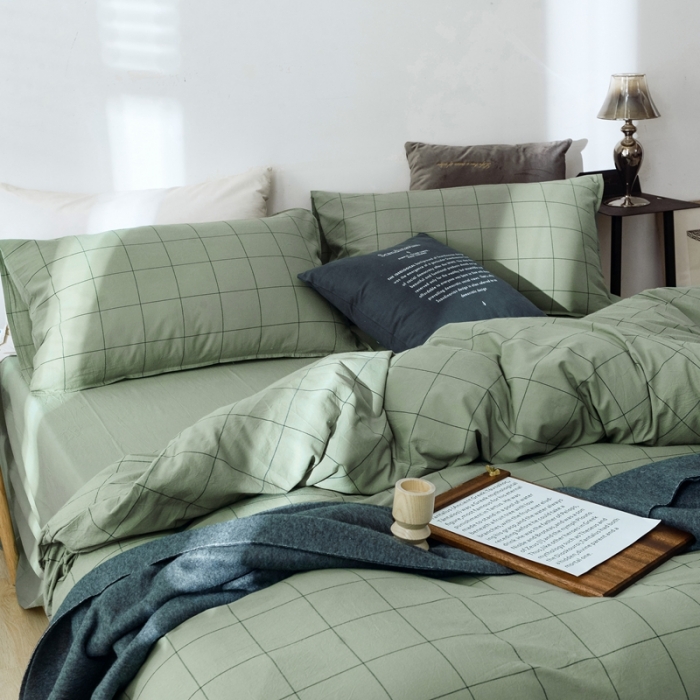 91家纺网 家纺一手货源 找家纺 安莱生活 2021新款全棉水洗棉条纹格子四件套 抹茶中格