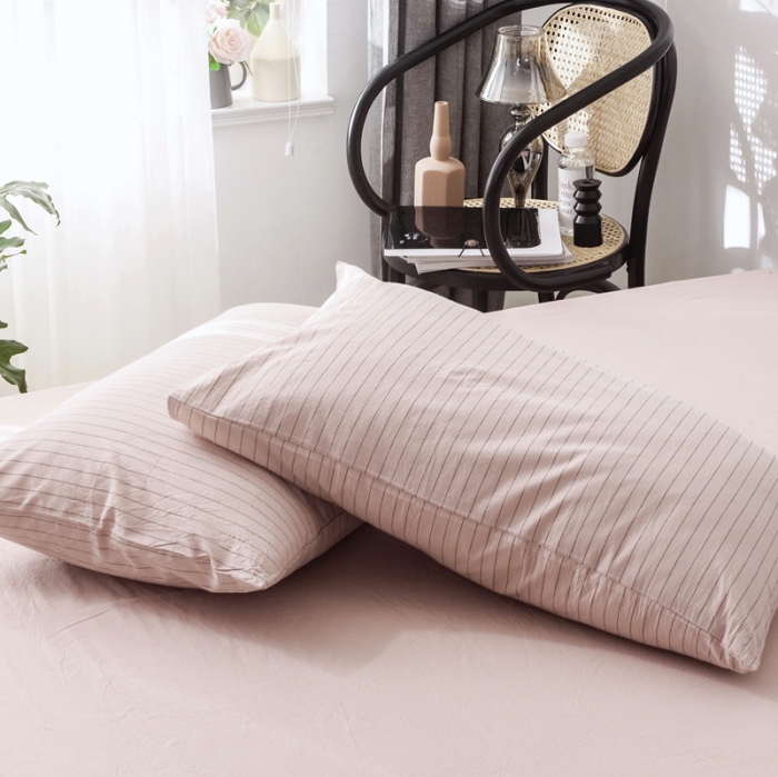 91家纺网 家纺一手货源 找家纺 安莱生活 2021新款全棉水洗棉条纹格子四件套 藕粉细条