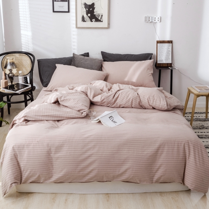 91家纺网 家纺一手货源 找家纺 安莱生活 2021新款全棉水洗棉条纹格子四件套 藕粉细条