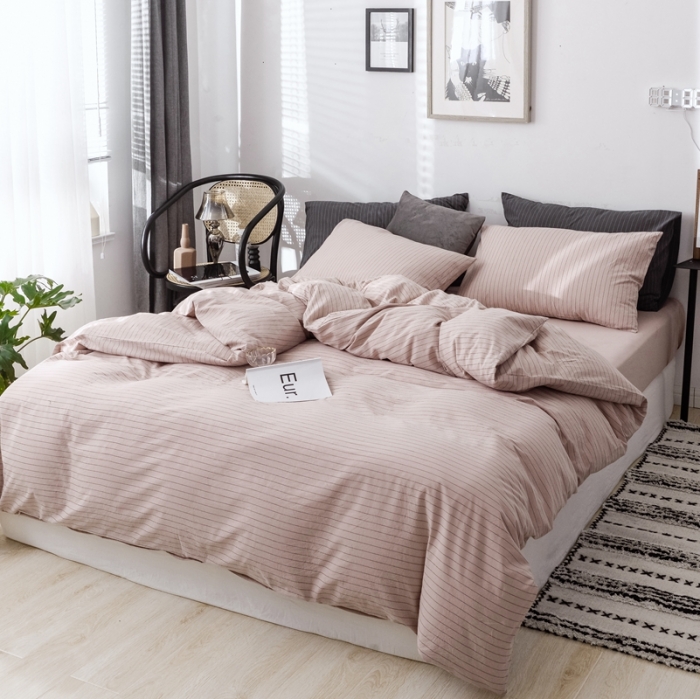 91家纺网 家纺一手货源 找家纺 安莱生活 2021新款全棉水洗棉条纹格子四件套 藕粉细条