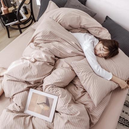 安莱生活 2021新款全棉水洗棉条纹格子四件套 藕粉细条