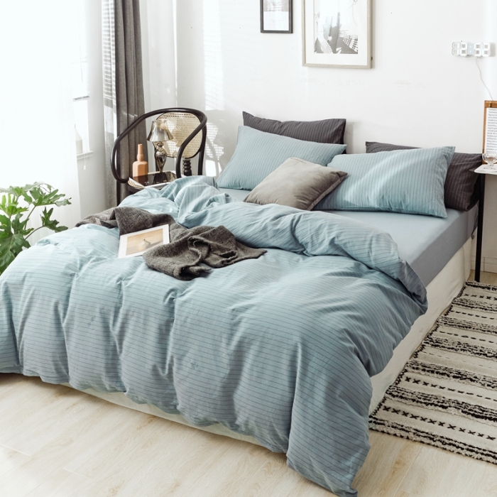 91家纺网 家纺一手货源 找家纺 安莱生活 2021新款全棉水洗棉条纹格子四件套 雾蓝中格