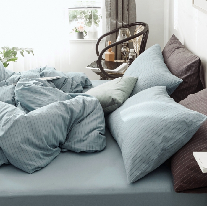 91家纺网 家纺一手货源 找家纺 安莱生活 2021新款全棉水洗棉条纹格子四件套 雾蓝中格