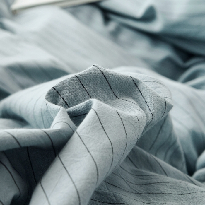 91家纺网 家纺一手货源 找家纺 安莱生活 2021新款全棉水洗棉条纹格子四件套 雾蓝中格