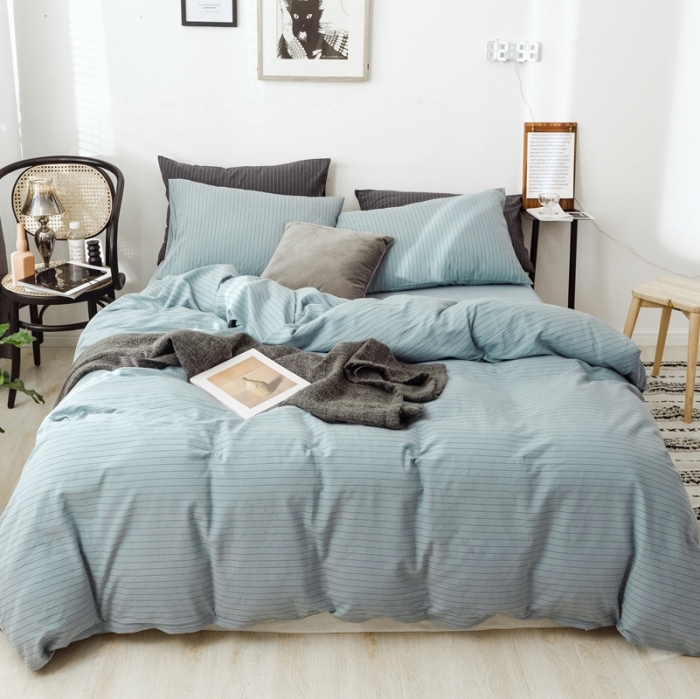 91家纺网 家纺一手货源 找家纺 安莱生活 2021新款全棉水洗棉条纹格子四件套 雾蓝中格