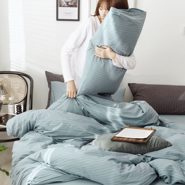 91家纺网 家纺一手货源 找家纺 安莱生活 2021新款全棉水洗棉条纹格子四件套 雾蓝中格