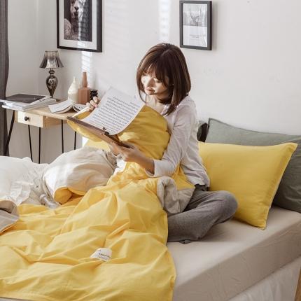 91家纺网 家纺一手货源 找家纺 安莱生活 2021新款全棉水洗棉双拼四件套 亮黄＋米白