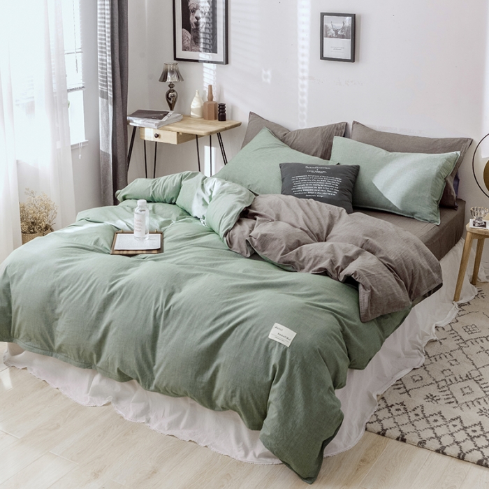 91家纺网 家纺一手货源 找家纺 安莱生活 2021新款全棉水洗棉双拼四件套 草绿＋浅灰