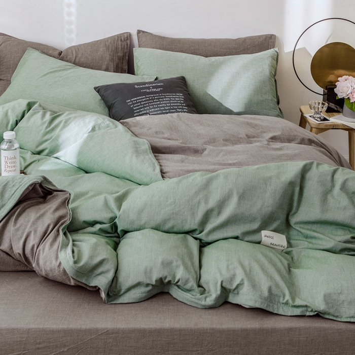 91家纺网 家纺一手货源 找家纺 安莱生活 2021新款全棉水洗棉双拼四件套 草绿＋浅灰