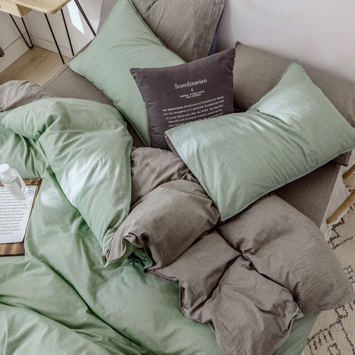 91家纺网 家纺一手货源 找家纺 安莱生活 2021新款全棉水洗棉双拼四件套 草绿＋浅灰