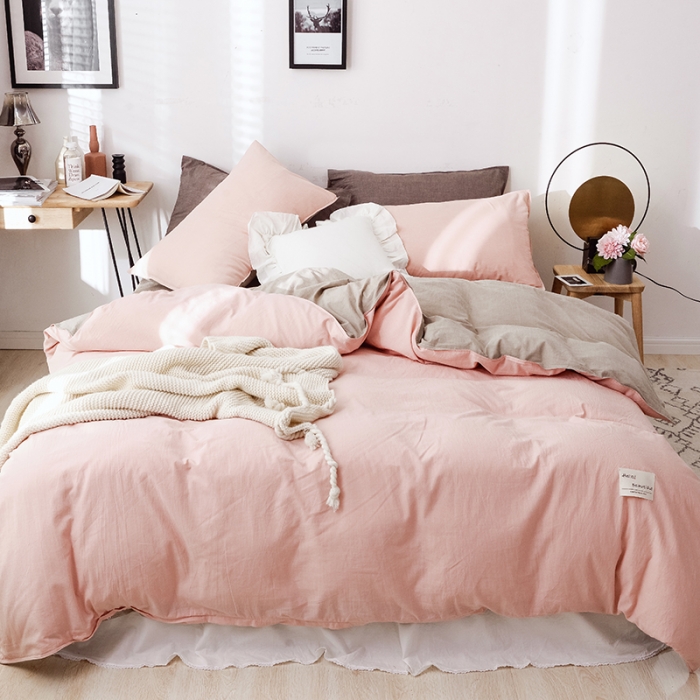 91家纺网 家纺一手货源 找家纺 安莱生活 2021新款全棉水洗棉双拼四件套 粉色＋卡其