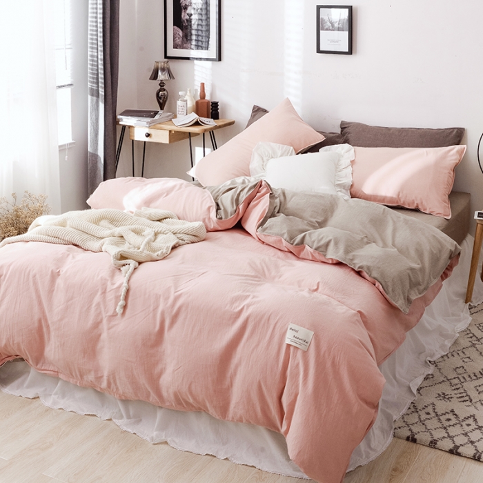 91家纺网 家纺一手货源 找家纺 安莱生活 2021新款全棉水洗棉双拼四件套 粉色＋卡其