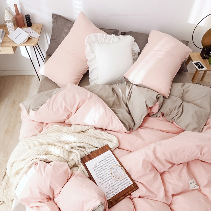 91家纺网 家纺一手货源 找家纺 安莱生活 2021新款全棉水洗棉双拼四件套 粉色＋卡其