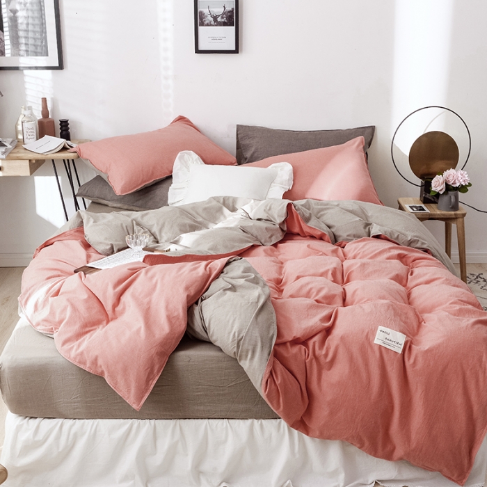 91家纺网 家纺一手货源 找家纺 安莱生活 2021新款全棉水洗棉双拼四件套 橘色＋卡其