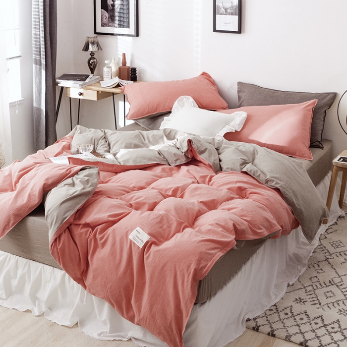 91家纺网 家纺一手货源 找家纺 安莱生活 2021新款全棉水洗棉双拼四件套 橘色＋卡其