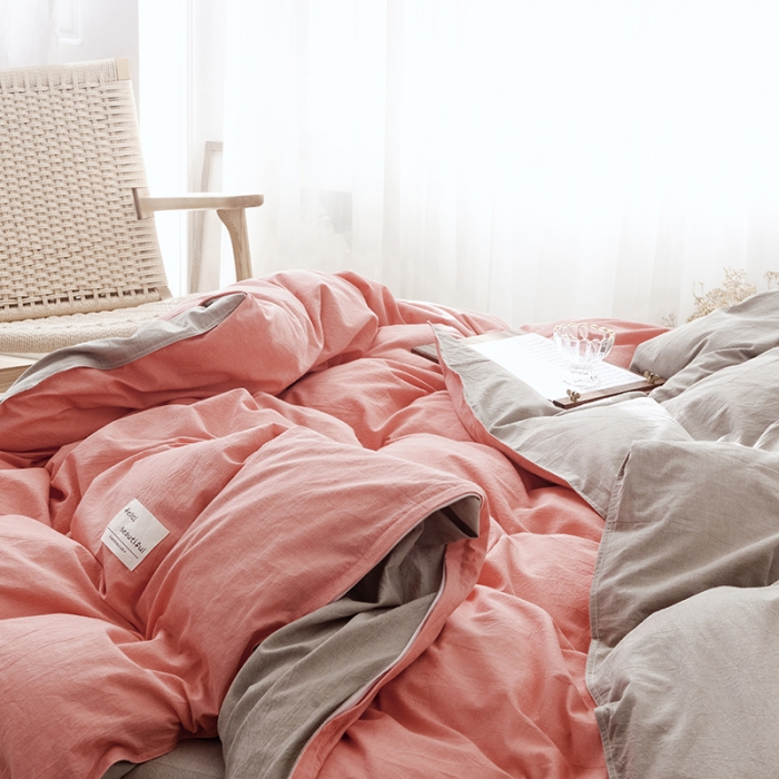 91家纺网 家纺一手货源 找家纺 安莱生活 2021新款全棉水洗棉双拼四件套 橘色＋卡其