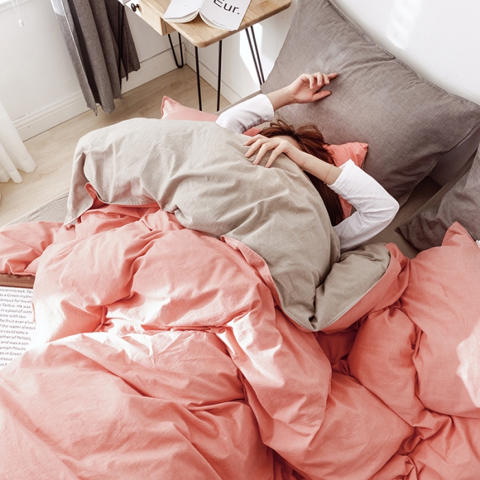 91家纺网 家纺一手货源 找家纺 安莱生活 2021新款全棉水洗棉双拼四件套 橘色＋卡其