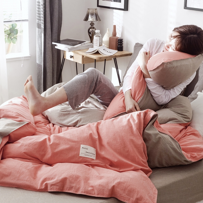 91家纺网 家纺一手货源 找家纺 安莱生活 2021新款全棉水洗棉双拼四件套 橘色＋卡其