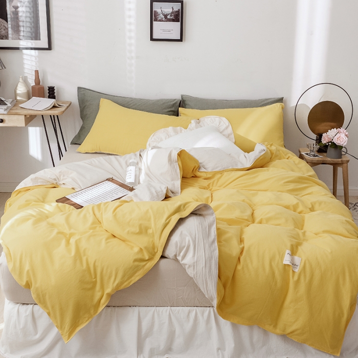 91家纺网 家纺一手货源 找家纺 安莱生活 2021新款全棉水洗棉双拼四件套 亮黄＋米白