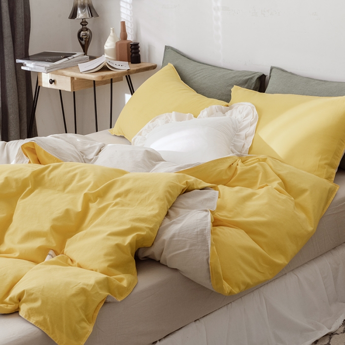 91家纺网 家纺一手货源 找家纺 安莱生活 2021新款全棉水洗棉双拼四件套 亮黄＋米白