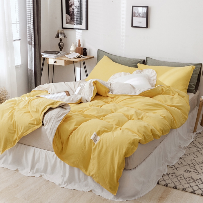 91家纺网 家纺一手货源 找家纺 安莱生活 2021新款全棉水洗棉双拼四件套 亮黄＋米白
