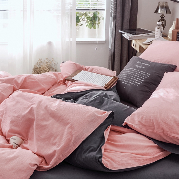 91家纺网 家纺一手货源 找家纺 安莱生活 2021新款全棉水洗棉双拼四件套 玫粉＋铁灰