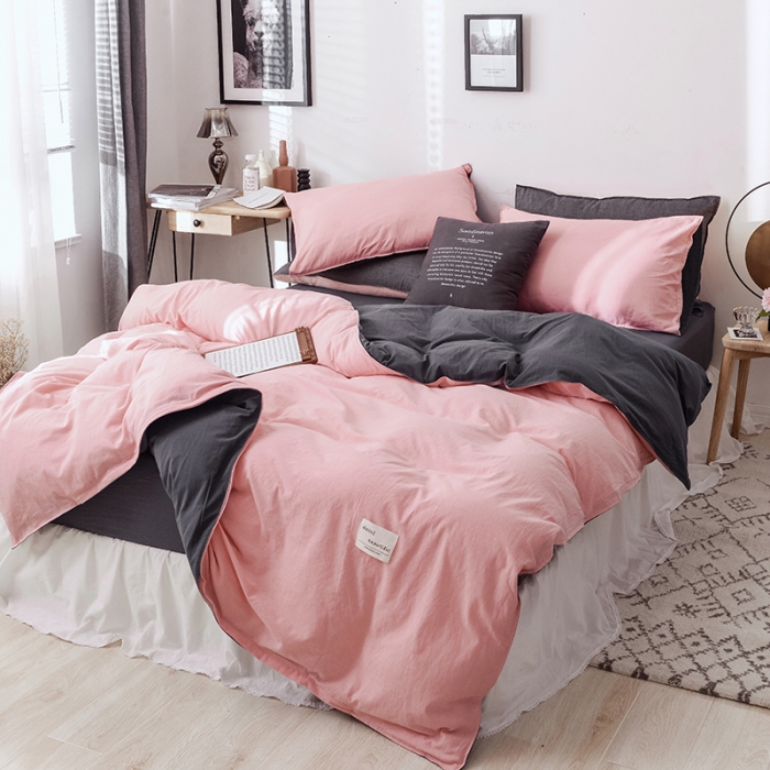 91家纺网 家纺一手货源 找家纺 安莱生活 2021新款全棉水洗棉双拼四件套 玫粉＋铁灰