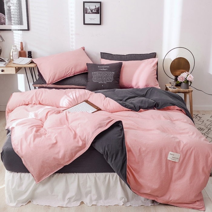 91家纺网 家纺一手货源 找家纺 安莱生活 2021新款全棉水洗棉双拼四件套 玫粉＋铁灰