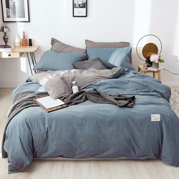 91家纺网 家纺一手货源 找家纺 安莱生活 2021新款全棉水洗棉双拼四件套 牛仔蓝＋浅灰