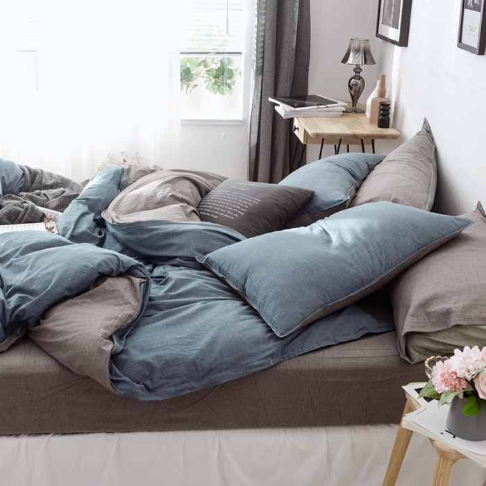 91家纺网 家纺一手货源 找家纺 安莱生活 2021新款全棉水洗棉双拼四件套 牛仔蓝＋浅灰