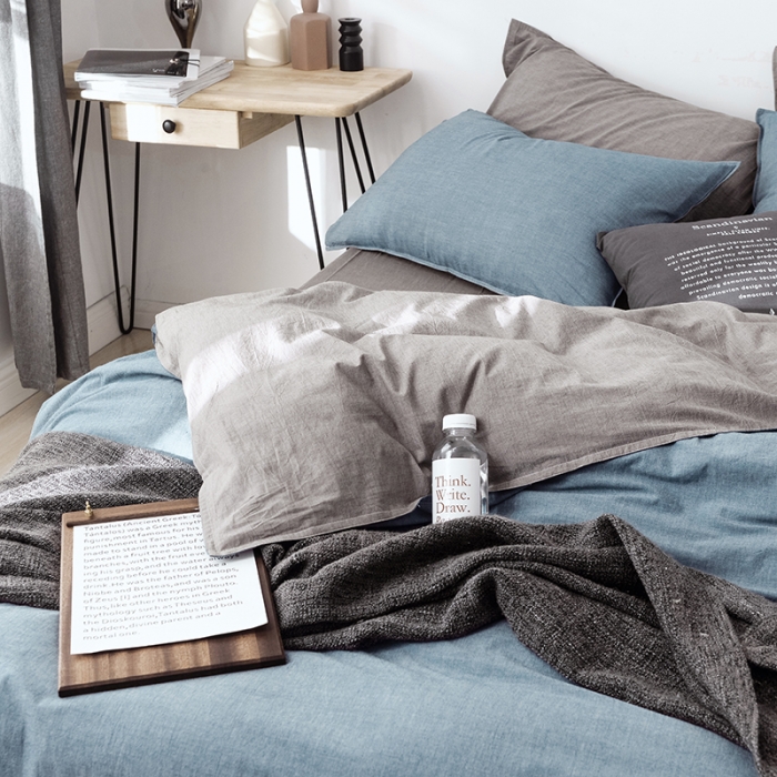 91家纺网 家纺一手货源 找家纺 安莱生活 2021新款全棉水洗棉双拼四件套 牛仔蓝＋浅灰