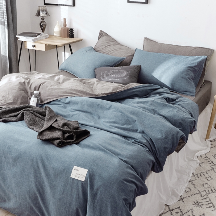 91家纺网 家纺一手货源 找家纺 安莱生活 2021新款全棉水洗棉双拼四件套 牛仔蓝＋浅灰
