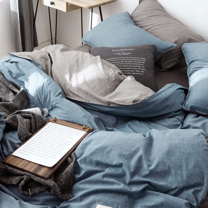 91家纺网 家纺一手货源 找家纺 安莱生活 2021新款全棉水洗棉双拼四件套 牛仔蓝＋浅灰