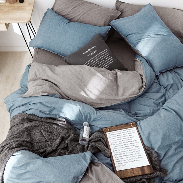 91家纺网 家纺一手货源 找家纺 安莱生活 2021新款全棉水洗棉双拼四件套 牛仔蓝＋浅灰