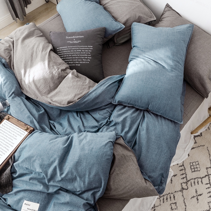 91家纺网 家纺一手货源 找家纺 安莱生活 2021新款全棉水洗棉双拼四件套 牛仔蓝＋浅灰