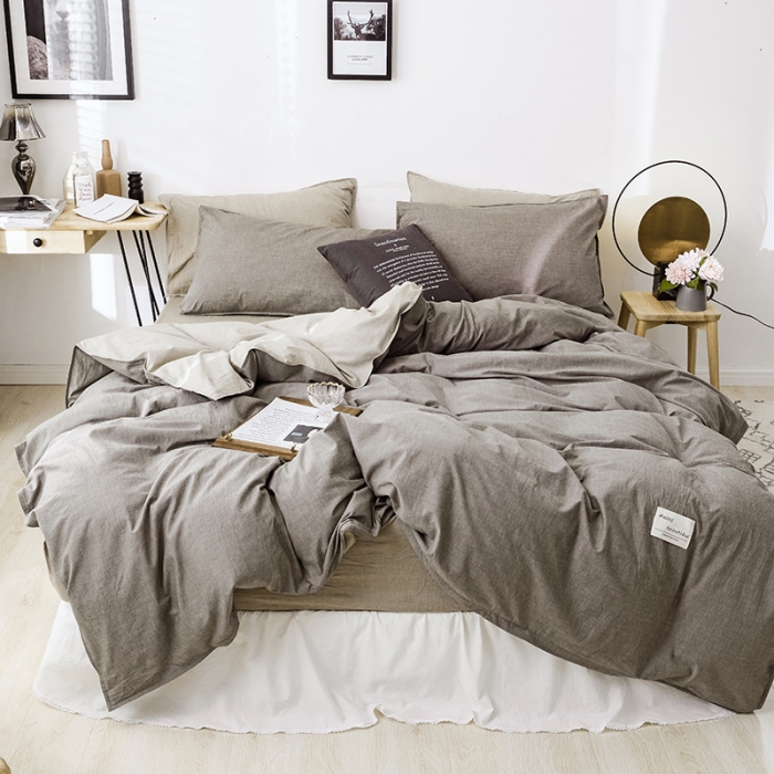 91家纺网 家纺一手货源 找家纺 安莱生活 2021新款全棉水洗棉双拼四件套 浅灰＋卡其