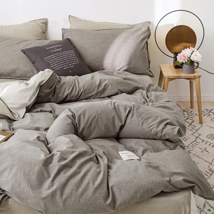 91家纺网 家纺一手货源 找家纺 安莱生活 2021新款全棉水洗棉双拼四件套 浅灰＋卡其