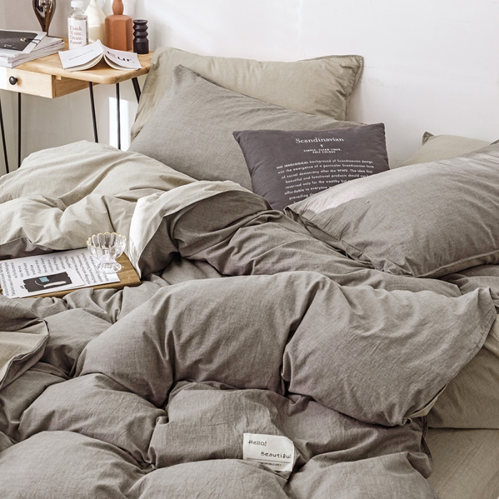 91家纺网 家纺一手货源 找家纺 安莱生活 2021新款全棉水洗棉双拼四件套 浅灰＋卡其