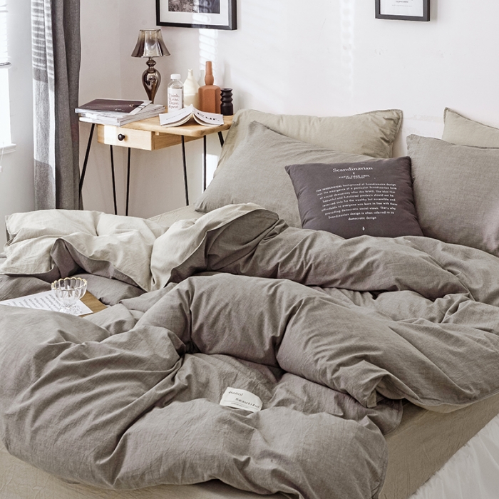 91家纺网 家纺一手货源 找家纺 安莱生活 2021新款全棉水洗棉双拼四件套 浅灰＋卡其