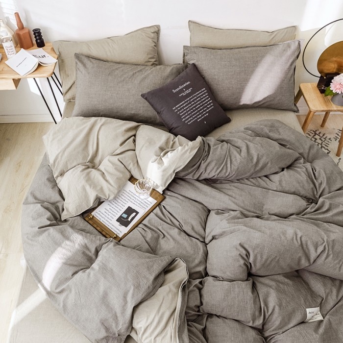 91家纺网 家纺一手货源 找家纺 安莱生活 2021新款全棉水洗棉双拼四件套 浅灰＋卡其