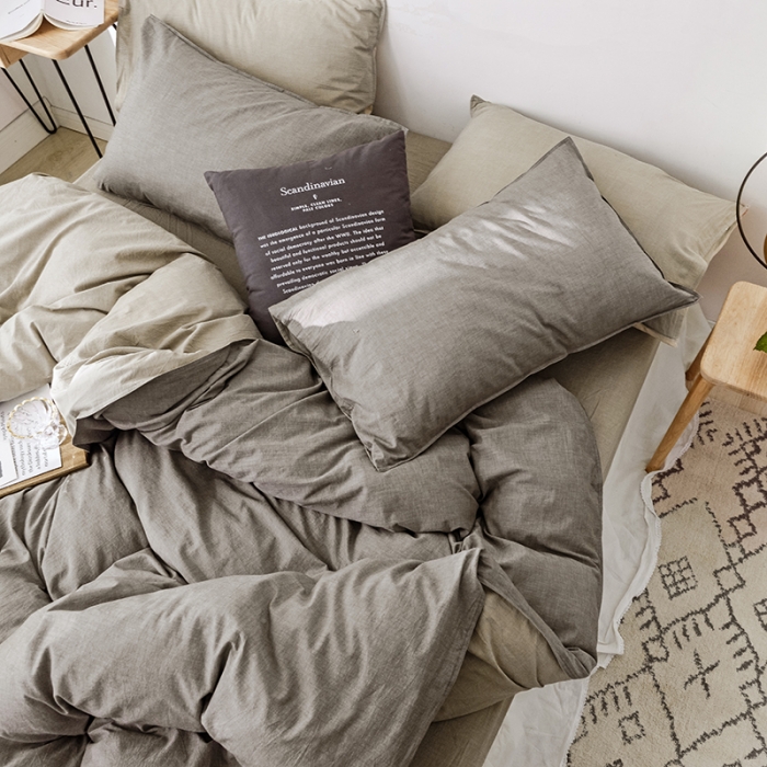 91家纺网 家纺一手货源 找家纺 安莱生活 2021新款全棉水洗棉双拼四件套 浅灰＋卡其