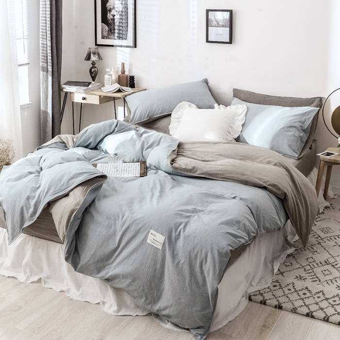 91家纺网 家纺一手货源 找家纺 安莱生活 2021新款全棉水洗棉双拼四件套 浅兰＋卡其