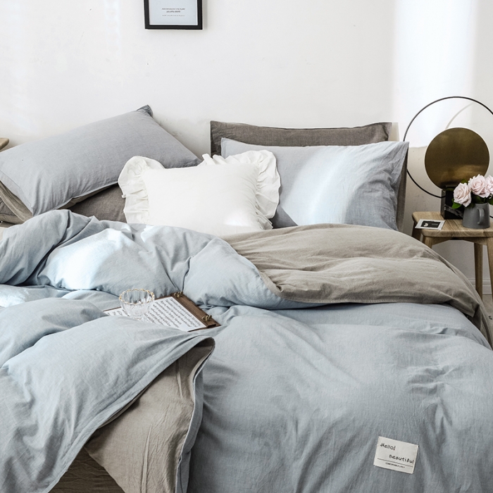 91家纺网 家纺一手货源 找家纺 安莱生活 2021新款全棉水洗棉双拼四件套 浅兰＋卡其