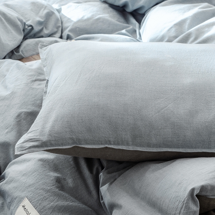 91家纺网 家纺一手货源 找家纺 安莱生活 2021新款全棉水洗棉双拼四件套 浅兰＋卡其