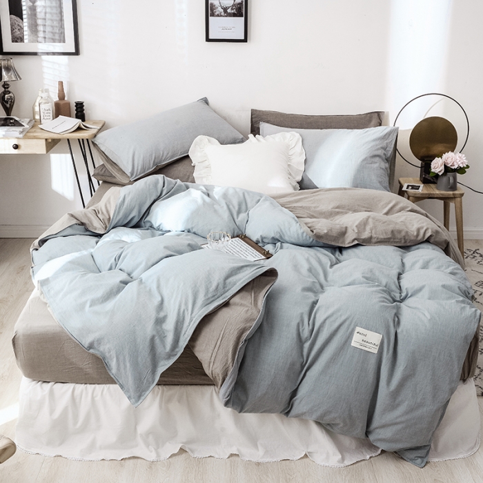 91家纺网 家纺一手货源 找家纺 安莱生活 2021新款全棉水洗棉双拼四件套 浅兰＋卡其