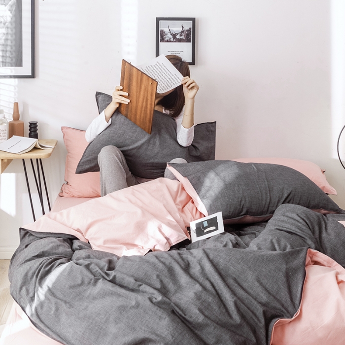 91家纺网 家纺一手货源 找家纺 安莱生活 2021新款全棉水洗棉双拼四件套 深灰＋粉