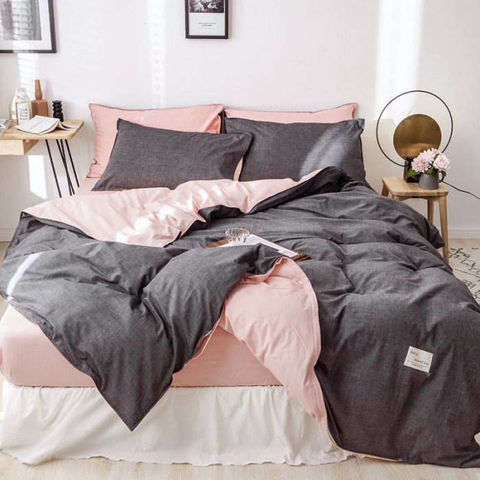 91家纺网 家纺一手货源 找家纺 安莱生活 2021新款全棉水洗棉双拼四件套 深灰＋粉