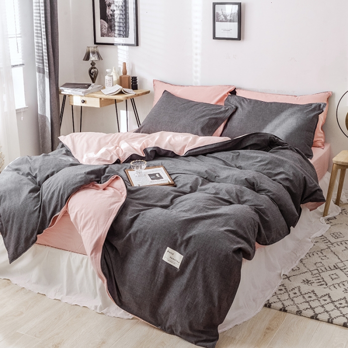 91家纺网 家纺一手货源 找家纺 安莱生活 2021新款全棉水洗棉双拼四件套 深灰＋粉
