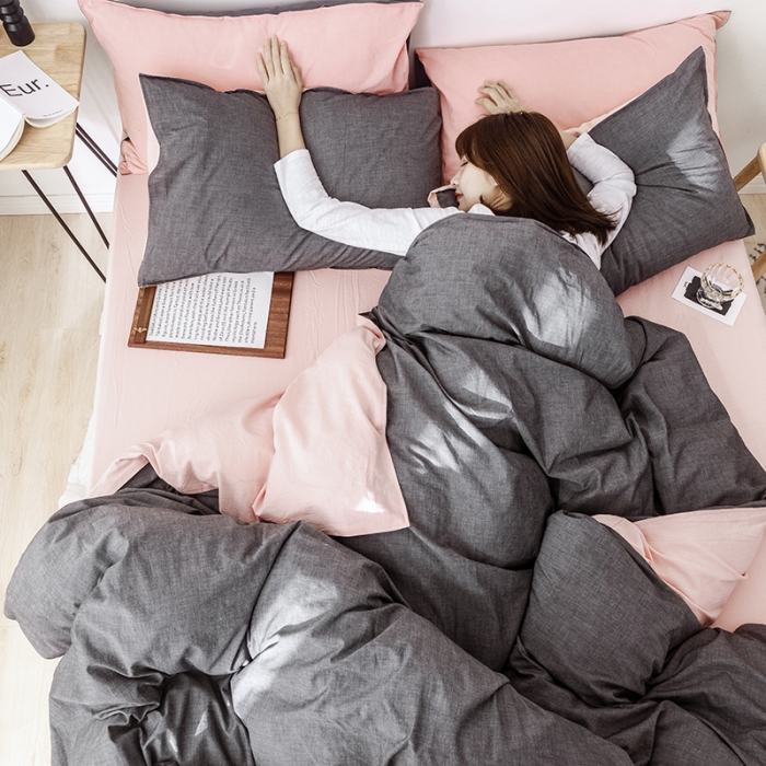 91家纺网 家纺一手货源 找家纺 安莱生活 2021新款全棉水洗棉双拼四件套 深灰＋粉