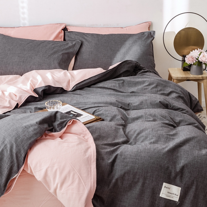 91家纺网 家纺一手货源 找家纺 安莱生活 2021新款全棉水洗棉双拼四件套 深灰＋粉